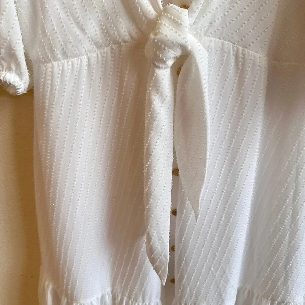 Michael Kors Button Front Swiss Dot Dress in White with Tie at Waist - 1X - New - Picture 9 of 12